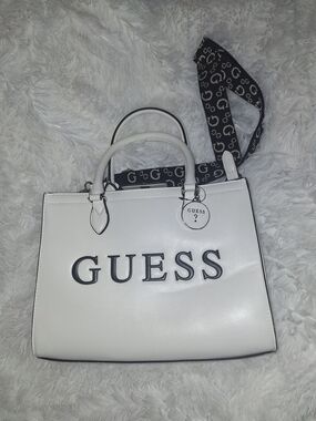 GUESS White Satchel with Black Logo and Printed Strap